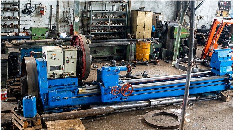 Torno azul de bancada larga con piezas cilíndricas